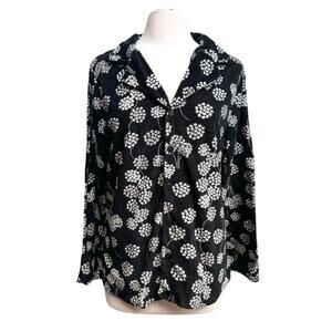 Black Dandelion Floral Fleece Button Up Long Sleeve Pajama Top